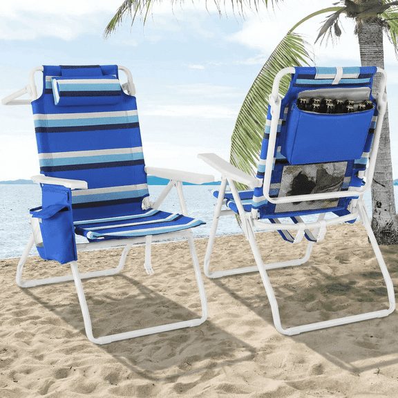 Pirecart 2 Pack Tall Beach Chairs for Adults, Portable Beach Chairs W/ 5-Position Lay Flat & Cooler Pouch, for Beach, Camp, Outdoor, Blue and White Stripes