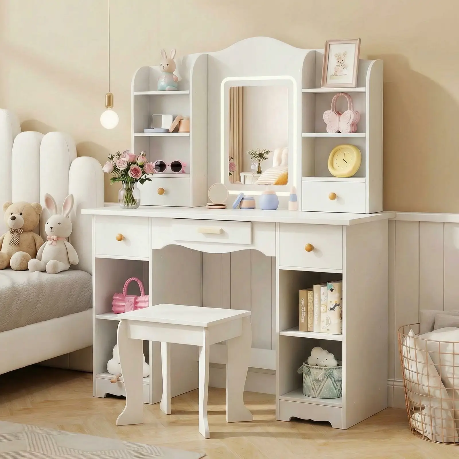 Pirecart 2 in 1 Kids Vanity Set, Pretend Play Makeup Desk with Mirror＆ Drawer, 3 Color Lights, Large Storage, Detachable shelf, White