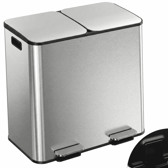 Pirecart 2 x 10.6 Gallon Dual Trash Can, Double Compartment Classified Garbage Can with Odor-Control Box & Soft-Close Lid, Stainless Steel Rubbish Bin with Removable Inner Buckets, Silver