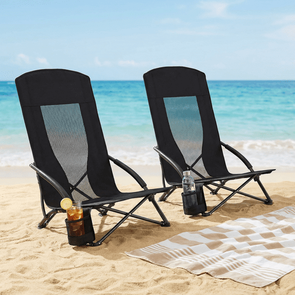 Pirecart 28.5″ High Back Folding Beach Chair, 2 PCS Portable Low Beach Chair W/ Mesh Back & Padded Armrest, Cup Holder, for Camping, Outdoor, Travel, Black