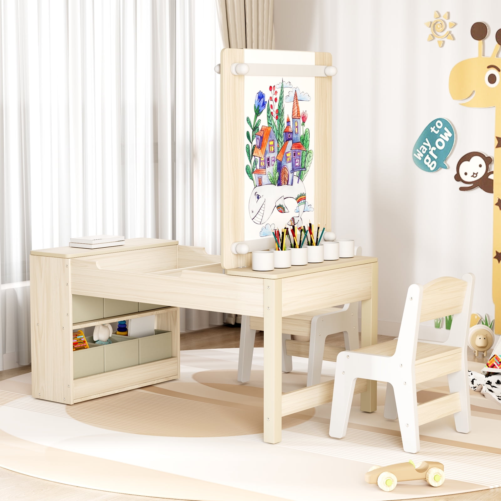 Pirecart 3 in 1 Kids Art Table and Chair Set, Chilldren Art Easel and Wooden Activity Table with 2 Chairs, Storage Bins, Paper Roll, Paint Cups for Draw, Play, Crafts, Read
