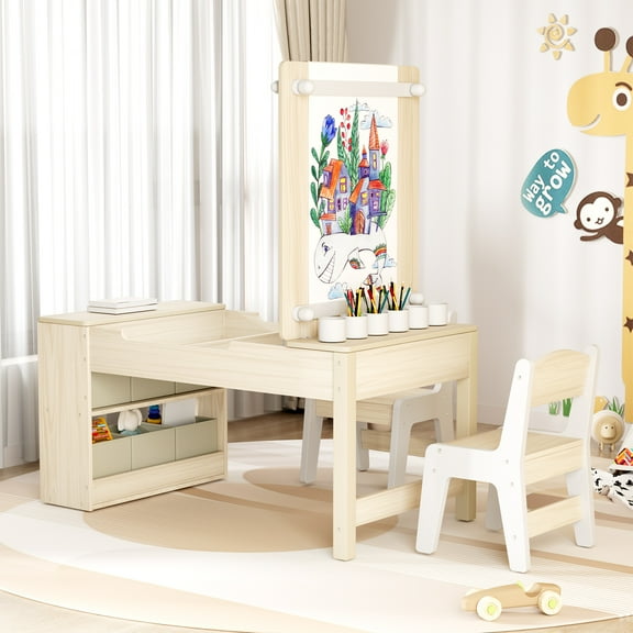 Pirecart 3 in 1 Kids Art Table and Chair Set, Chilldren Art Easel and Wooden Activity Table with 2 Chairs, Storage Bins, Paper Roll, Paint Cups for Draw, Play, Crafts, Read