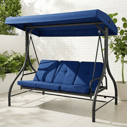 Pirecart 3 Person Patio Porch Swing Outdoor Converting Swing Glider Hammock with Adjustable Canopy, Cushions, Garden, Yard, Blue