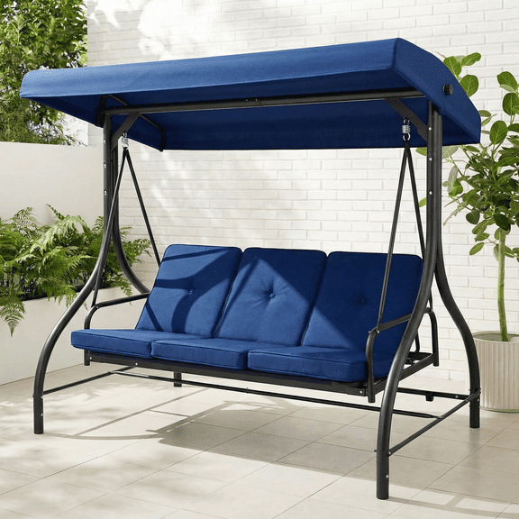 Pirecart 3 Person Patio Porch Swing Outdoor Converting Swing Glider Hammock with Adjustable Canopy, Cushions, Garden, Yard, Blue