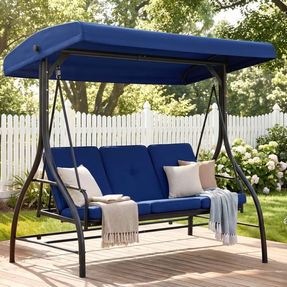 Pirecart 3 Person Patio Porch Swing with Stand, Outdoor Converting Swing Glider Hammock with Adjustable Canopy, Cushions, Garden, Yard