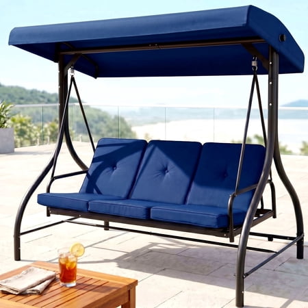 Pirecart 3 Person Patio Porch Swing Outdoor Converting Swing Glider Hammock with Adjustable Canopy, Cushions, Garden, Yard, Blue