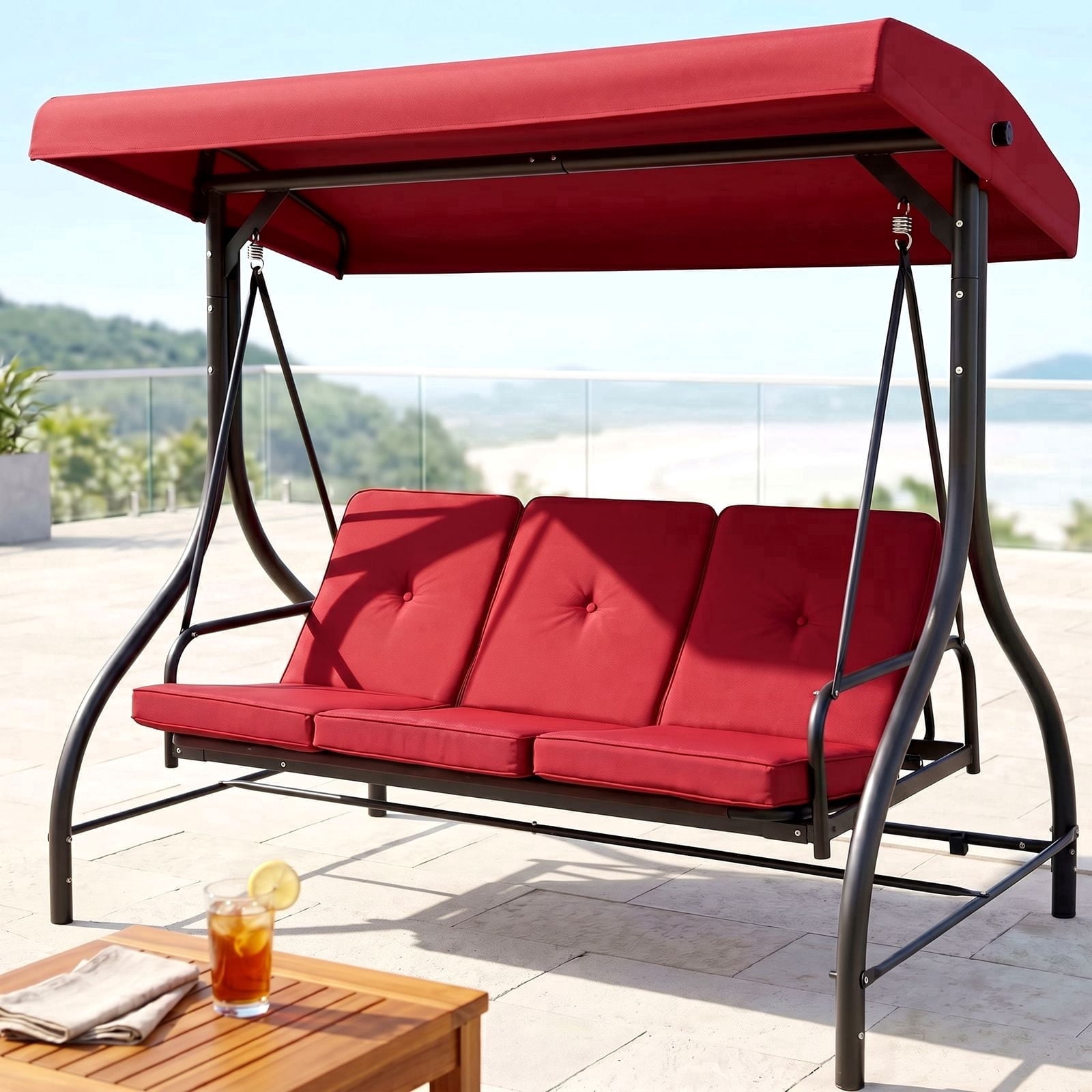 Pirecart 3 Person Patio Porch Swing Outdoor Converting Swing Glider Hammock with Adjustable Canopy, Cushions, Red