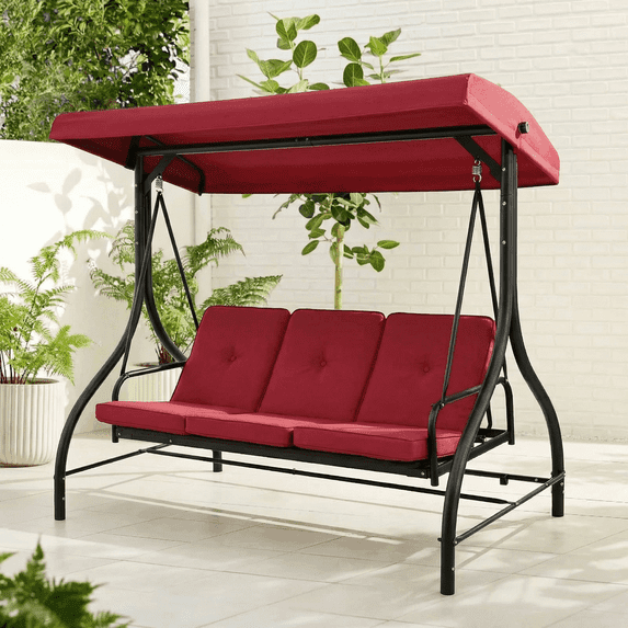 Pirecart 3 Person Patio Porch Swing Outdoor Converting Swing Glider Hammock with Adjustable Canopy, Cushions, Red