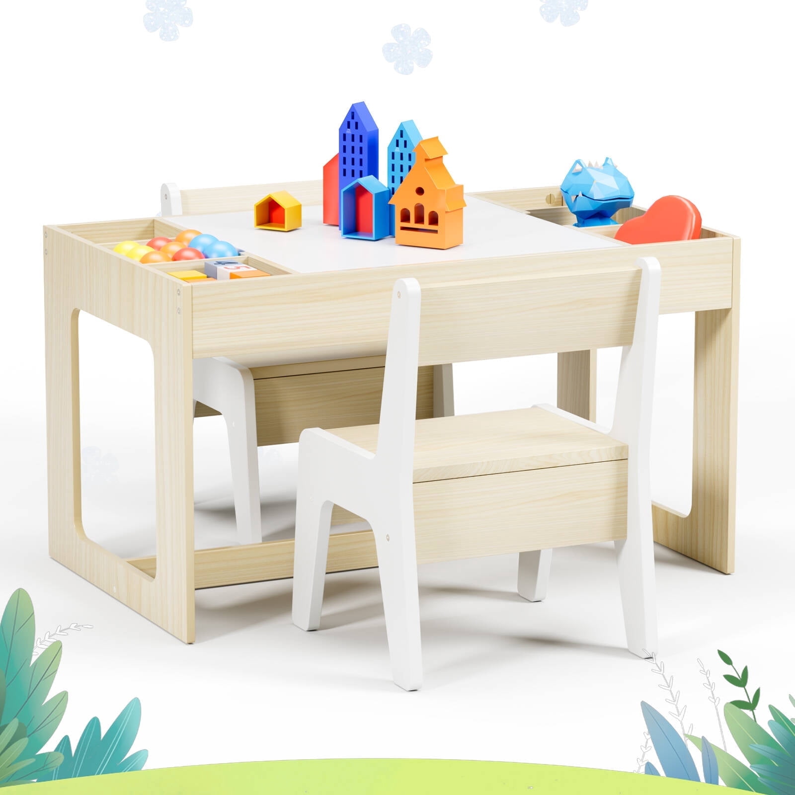 Pirecart 3 Piece Kids Table and 2 Chairs Wooden Activity Table with Blackboard for Arts & Crafts, Yellow