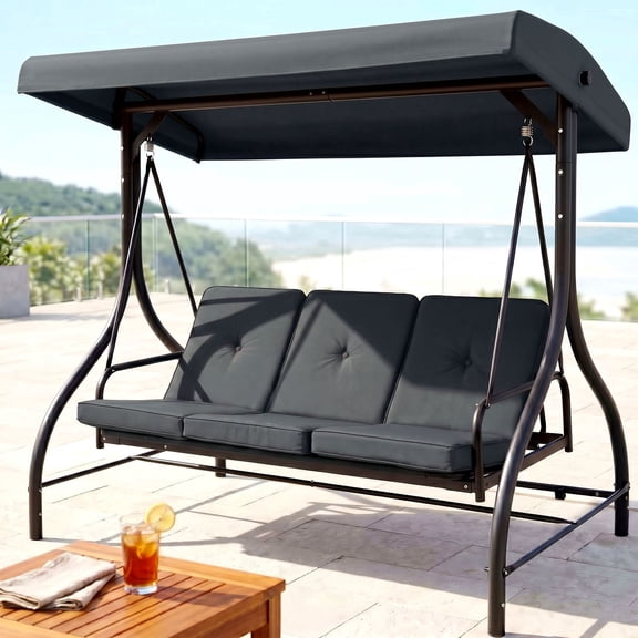 Pirecart 3 Seat Outdoor Porch Swing Chair with Adjustable Canopy, Removable Cushions for Garden, Poolside, Balcony, Gray