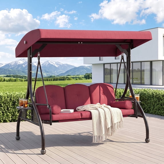 Pirecart 3 Seat Outdoor Porch Swing with Adjustable Canopy, 2-in-1 Convertible Swing Bed with Upgraded Cup Holder& Pillows, Patio Porch Swing with Thickened Cushions for Yard Garden Deck, 750LBS, Red