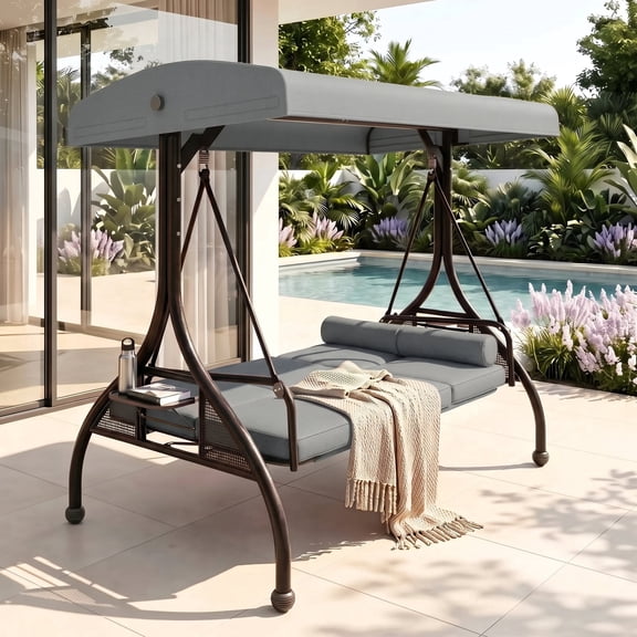 Pirecart 3 Seat Patio Porch Swing, 2 in 1 Convertible Porch Swing Bed with Adjustable Canopy, Outdoor Swing Chair with Upgraded Cup Holder, Thicken Cushions & Pillows for Patio Backyard 750LBS, Gray