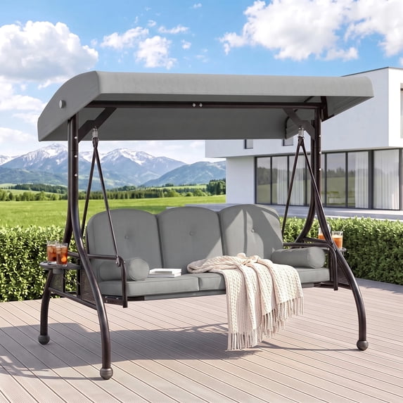 Pirecart 3 Seat Patio Porch Swing, 2 in 1 Convertible Porch Swing Bed with Adjustable Canopy, Outdoor Swing Chair with Upgraded Cup Holder, Thicken Cushions & Pillows for Patio Backyard 750LBS, Gray