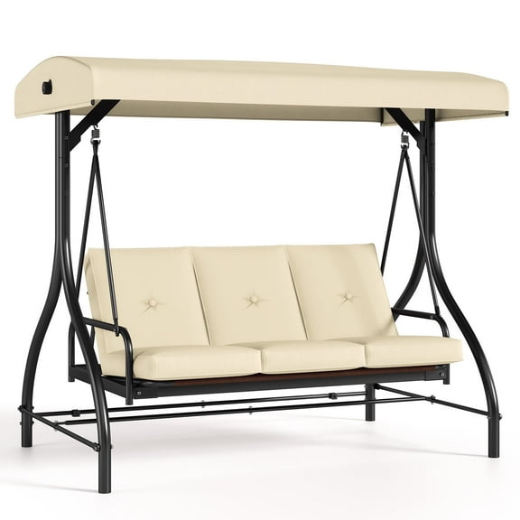 Pirecart 3-Seat Patio Porch Swing, Outdoor Converting Swing Chair with Canopy & Cushion, Graden, Yard, Beige