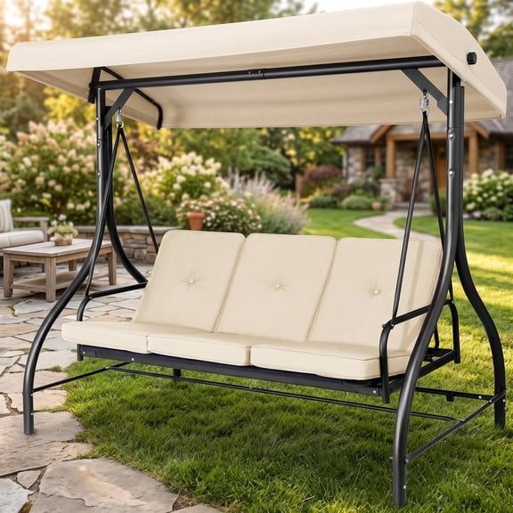 Pirecart 3-Seat Patio Porch Swing, Outdoor Converting Swing Chair with Canopy & Cushion, Graden, Yard, Beige