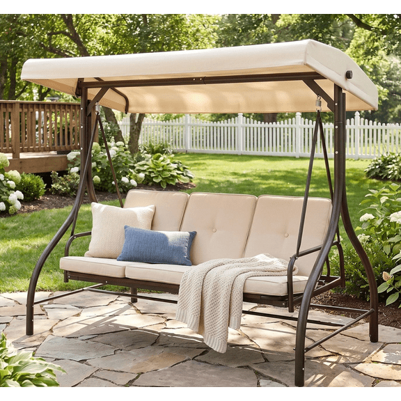 Pirecart 3-Seat Patio Porch Swing, Outdoor Converting Swing Chair with Canopy & Cushion, Graden, Yard, Beige