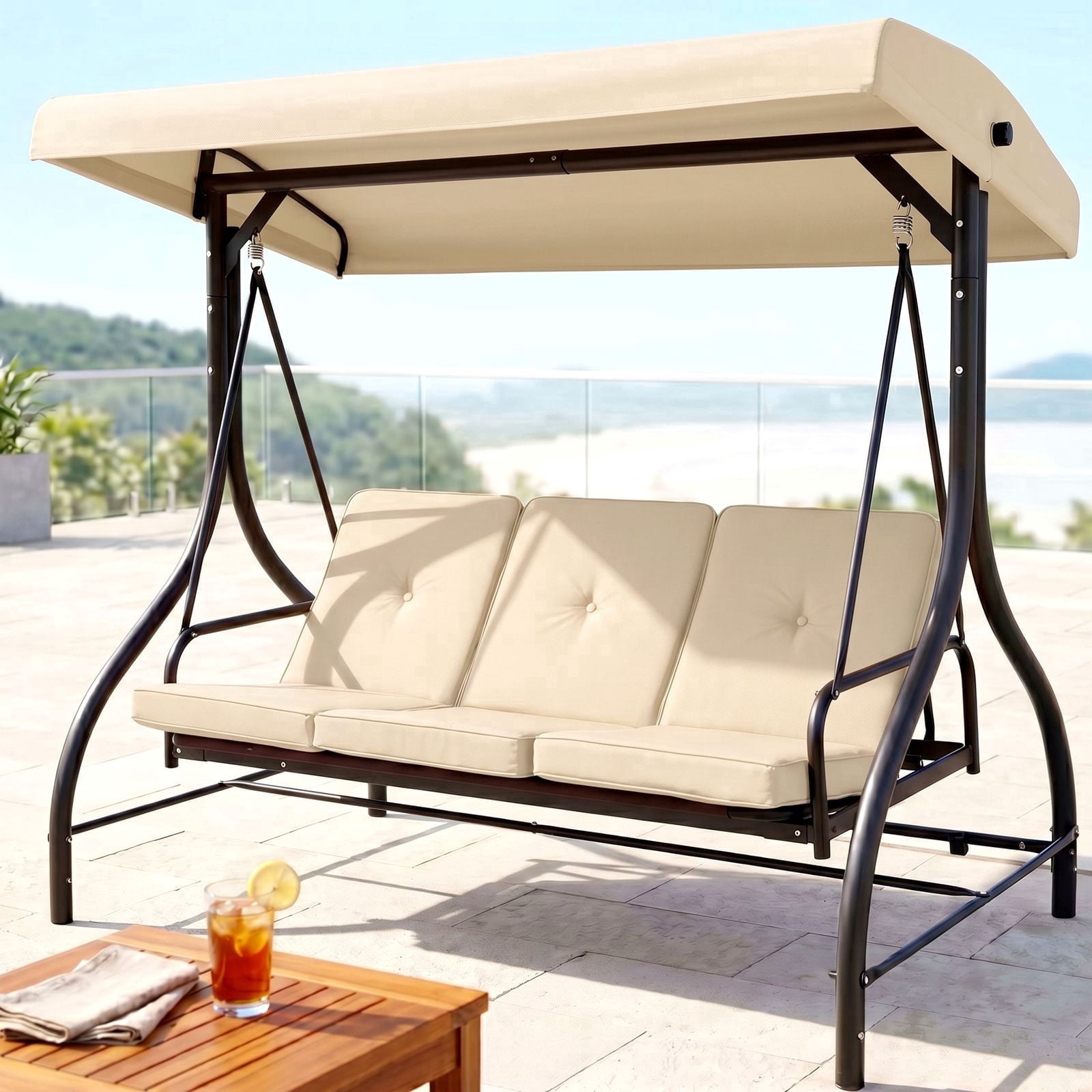 Pirecart 3-Seat Patio Porch Swing, Outdoor Converting Swing Chair with Canopy & Cushion, Graden, Yard, Beige