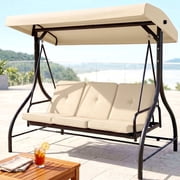 Pirecart 3-Seat Patio Porch Swing, Outdoor Converting Swing Chair with Canopy & Cushion, Graden, Yard, Beige