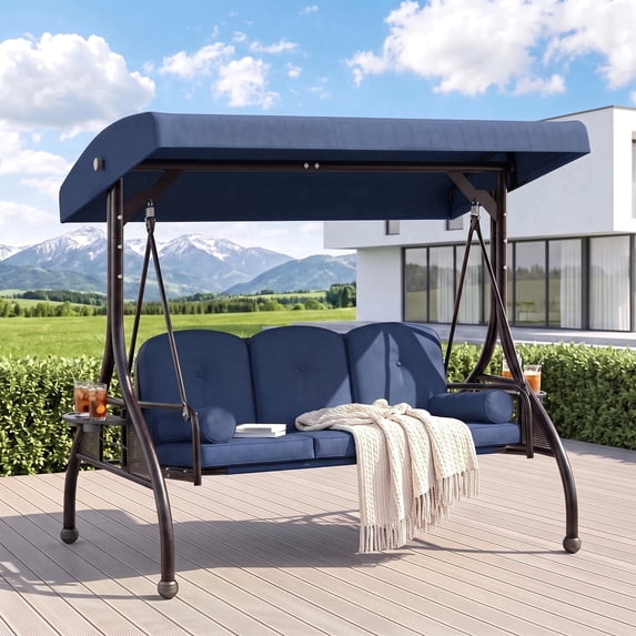 Pirecart 3 Seat Porch Swing with Stand, Patio Porch Swing with Adjustable Canopy, Upgraded Cup Holder, Thicken Cushions & Pillows, 2 in 1 Convertible Porch Swing Bed for Yard Garden Deck 750LBS, Blue