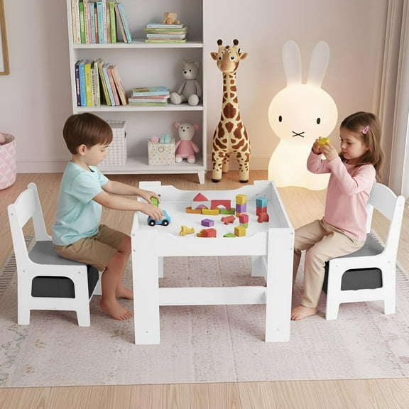 Pirecart 3-in-1 Children Table and Chair Set, Wooden Kids Activity Table with Storage Drawer and Box, Gray