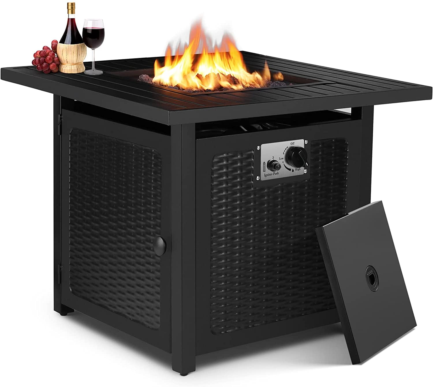 Pirecart 30" Outdoor Fire Pit 50,000 BTU Auto-Ignition Patio Propane Gas Fire Pit Table with Lid and Lava Rocks