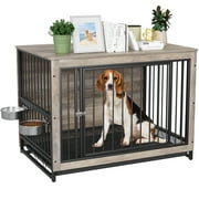 Pirecart 39.4in Wooden Dog Crate Furniture, Dog Kennels Cage with Pull-Out Tray and 2 Bowls