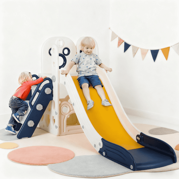 Pirecart 4 in 1 Toddler Slide, Indoor Outdoor Toddler Climber Slide with Basketball Hoop, Kids Slide for Age 3+, Blue & Yellow