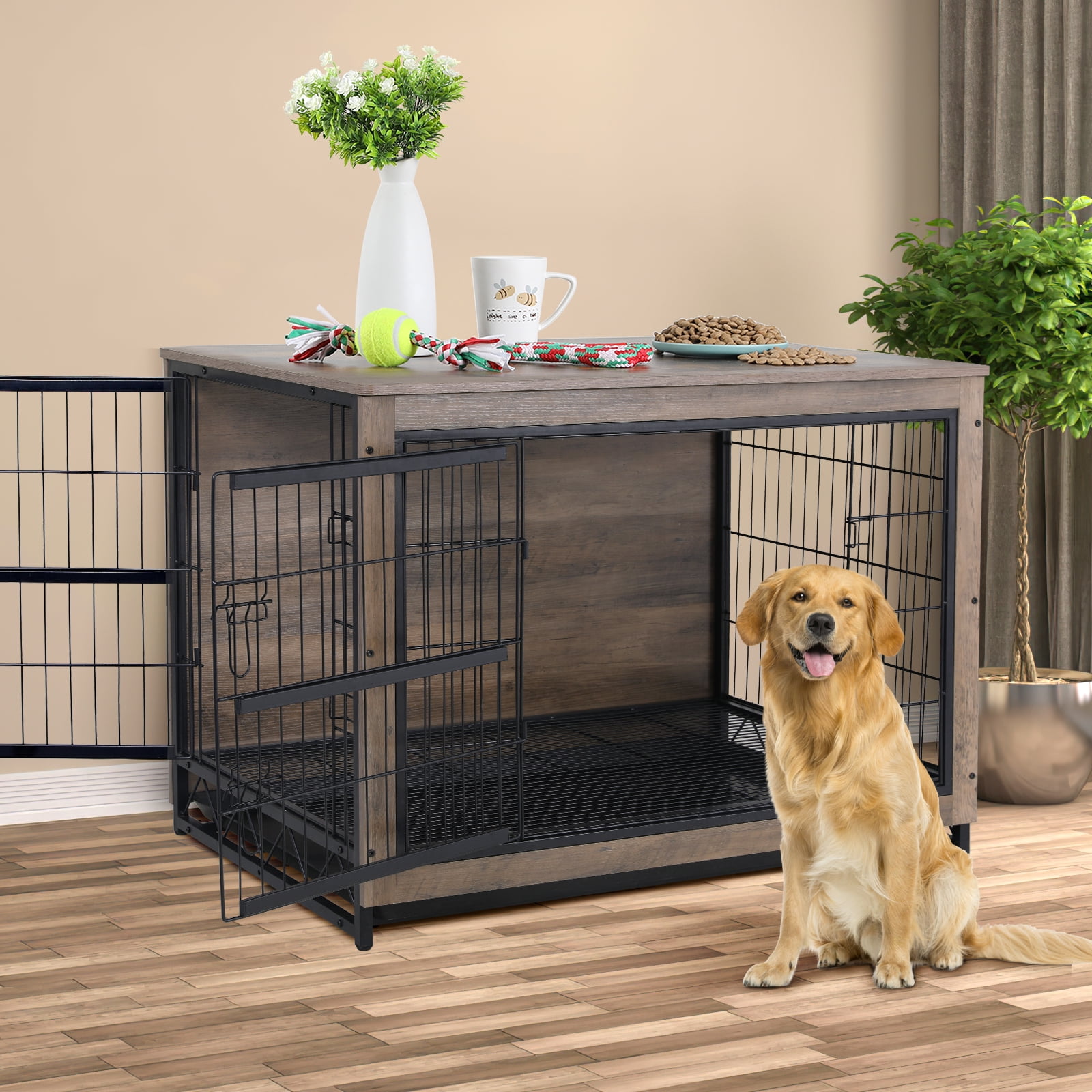 Pirecart 44" Dog Crate Furniture Wooden Dog Kennel Cage with Removable Tray for Small/Medium/Large Dog