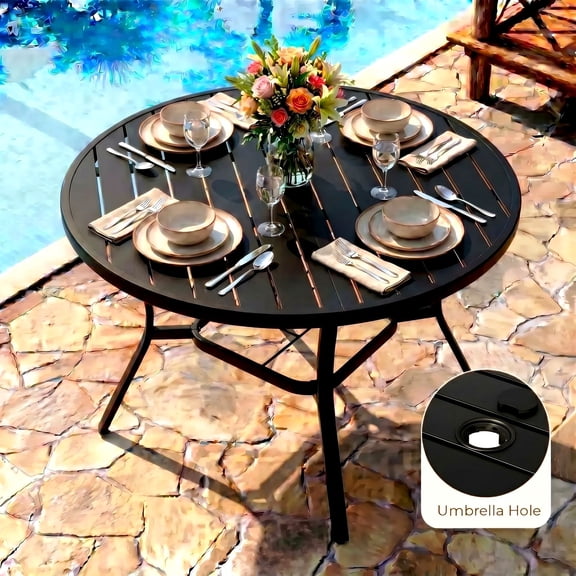 Pirecart 47.2" Patio Table for 2-4, Outdoor Patio Round Dining Table W/ Adjustable Umbrella Hole & Metal Steel Frame, Patio Table with Non-Rust E-coating & Foot Pads, for Backyard Poolside