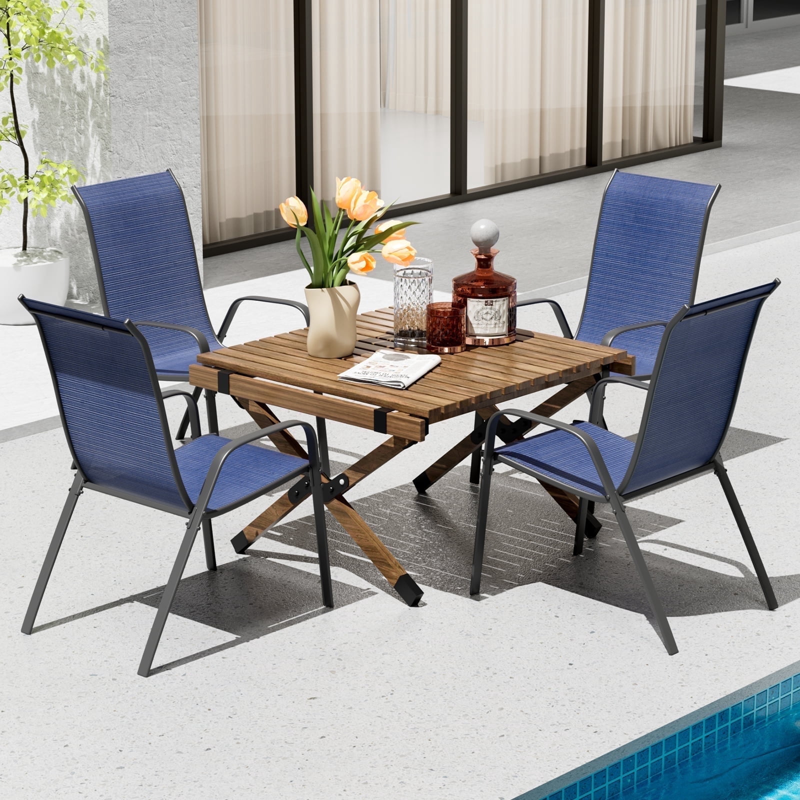 Pirecart 4PCS Patio Chairs Set Outdoor Breathable Textilene Stackable Chairs with Metal Frame, Armrests