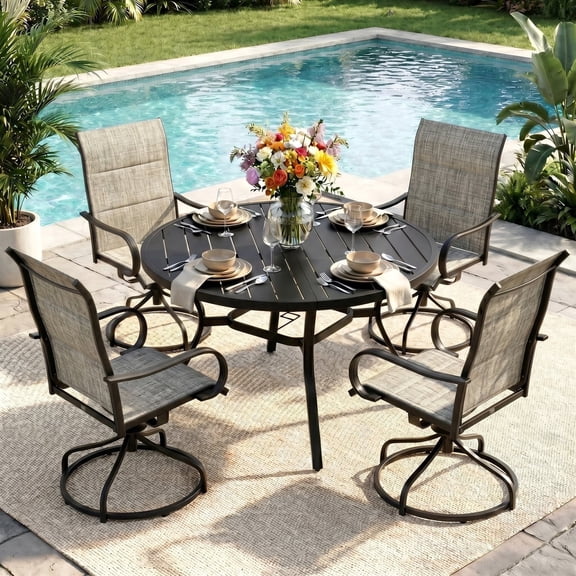 Pirecart 5 Pcs Patio Dining Set, 4 Padded Patio Swivel Chairs with 47.2" Round Dining Table & Adjustable Umbrella Hole, High Back Textilene Outdoor Dining Chairs and Metal Table Set, Brown