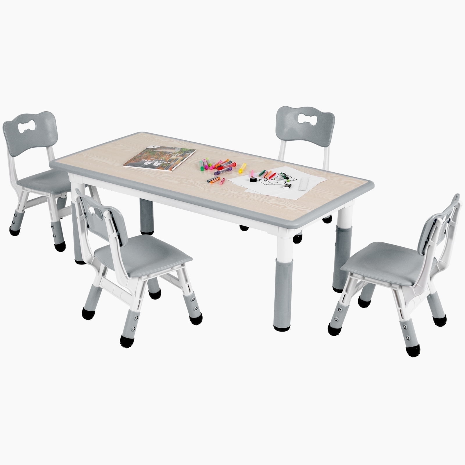 Pirecart 5-Piece Kids Table & Chairs Set Toddlers Activity Table Set Height Adjustable Play Table and Chair Set for Reading, Drawing, Eating, Gray