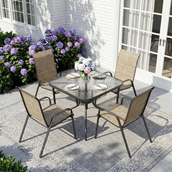 Pirecart 5-Piece Outdoor Patio Dining Set with 4 Textilene Chairs and Square Table, Brown