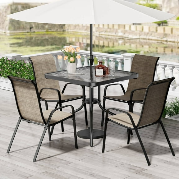 Pirecart 5-Piece Outdoor Patio Dining Set with 4 Textilene Chairs and Square Table, Brown