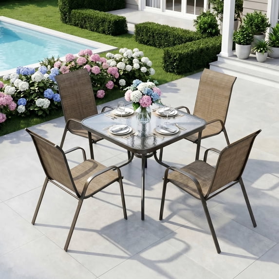 Pirecart 5-Piece Outdoor Patio Dining Set with 4 Textilene Chairs and Square Table, Brown