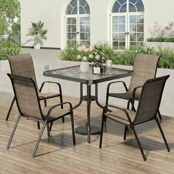 Pirecart 5-Piece Outdoor Patio Dining Set with 4 Textilene Chairs and Square Table, Brown