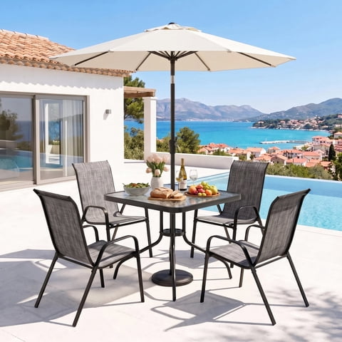 Pirecart 5-Piece Outdoor Patio Dining Table Set with 4 Stackable Textilene Chairs for for Patio, Lawn, Garden, Gray (Umbrella not included)