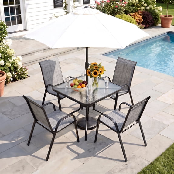 Pirecart 5-Piece Outdoor Patio Dining Table Set with 4 Stackable Textilene Chairs for for Patio, Lawn, Garden, Gray (Umbrella not included)