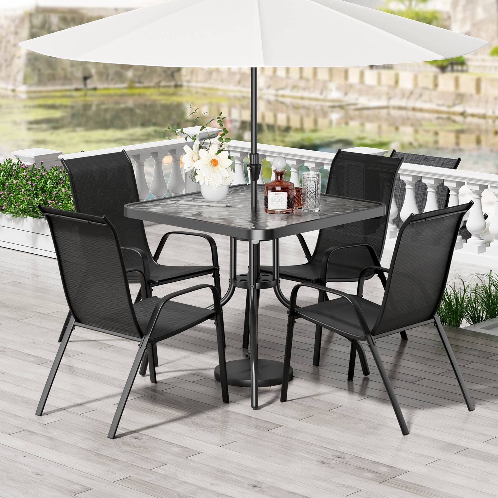 Pirecart Outdoor Dining Set, 5-Piece Patio Table and Stackable Textilene Chairs, Black