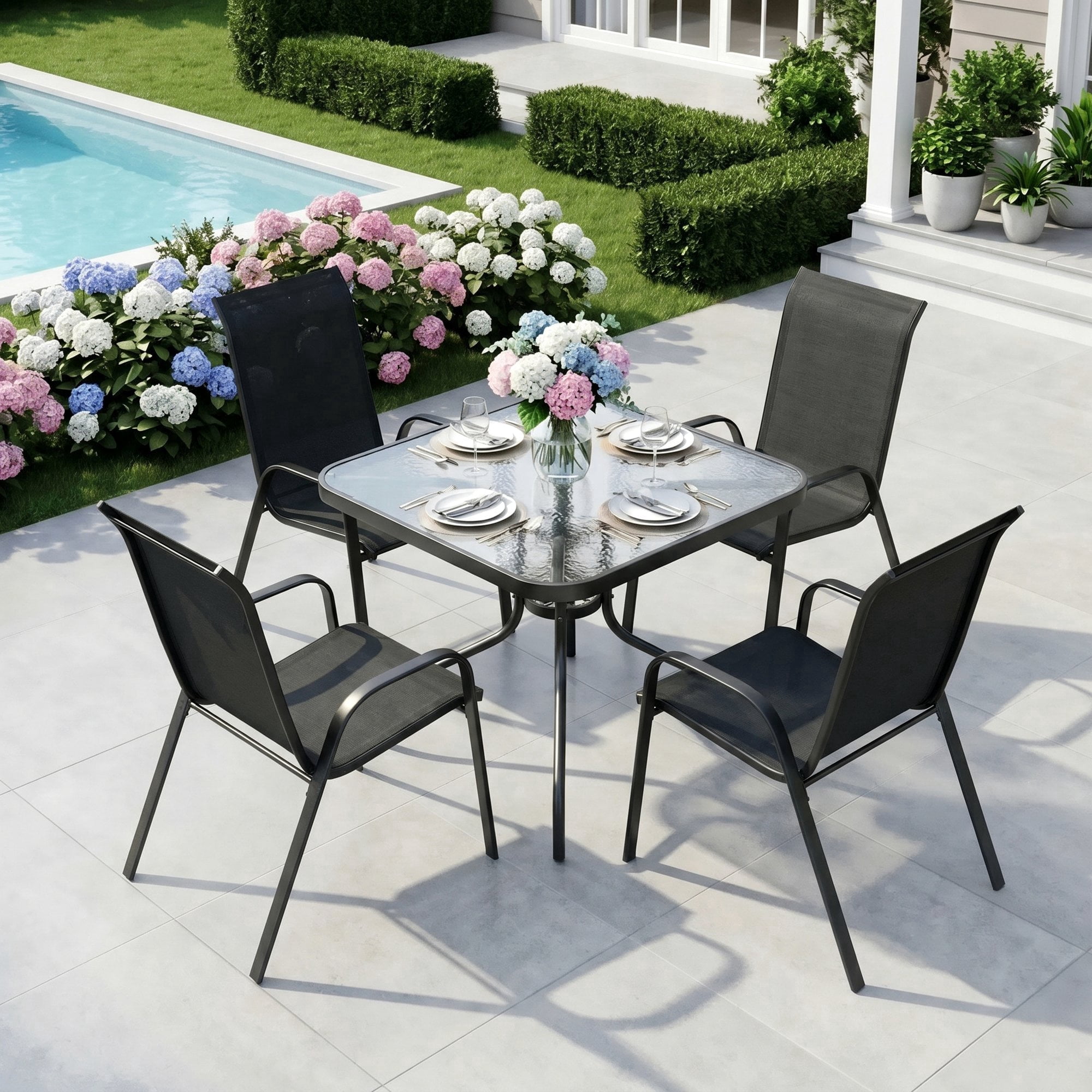 Pirecart 5-Piece Patio Dining Set Outdoor Furniture with Table and 4 Stackable Textilene Chairs, Black