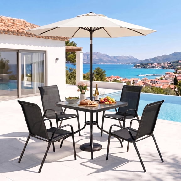 Pirecart 5-Piece Patio Dining Set Outdoor Furniture with Table and 4 Stackable Textilene Chairs, Black (Umbrella not Included.)