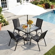 Pirecart 5-Piece Patio Dining Set Outdoor Furniture with Table and 4 Stackable Textilene Chairs, Black (Umbrella not Included)