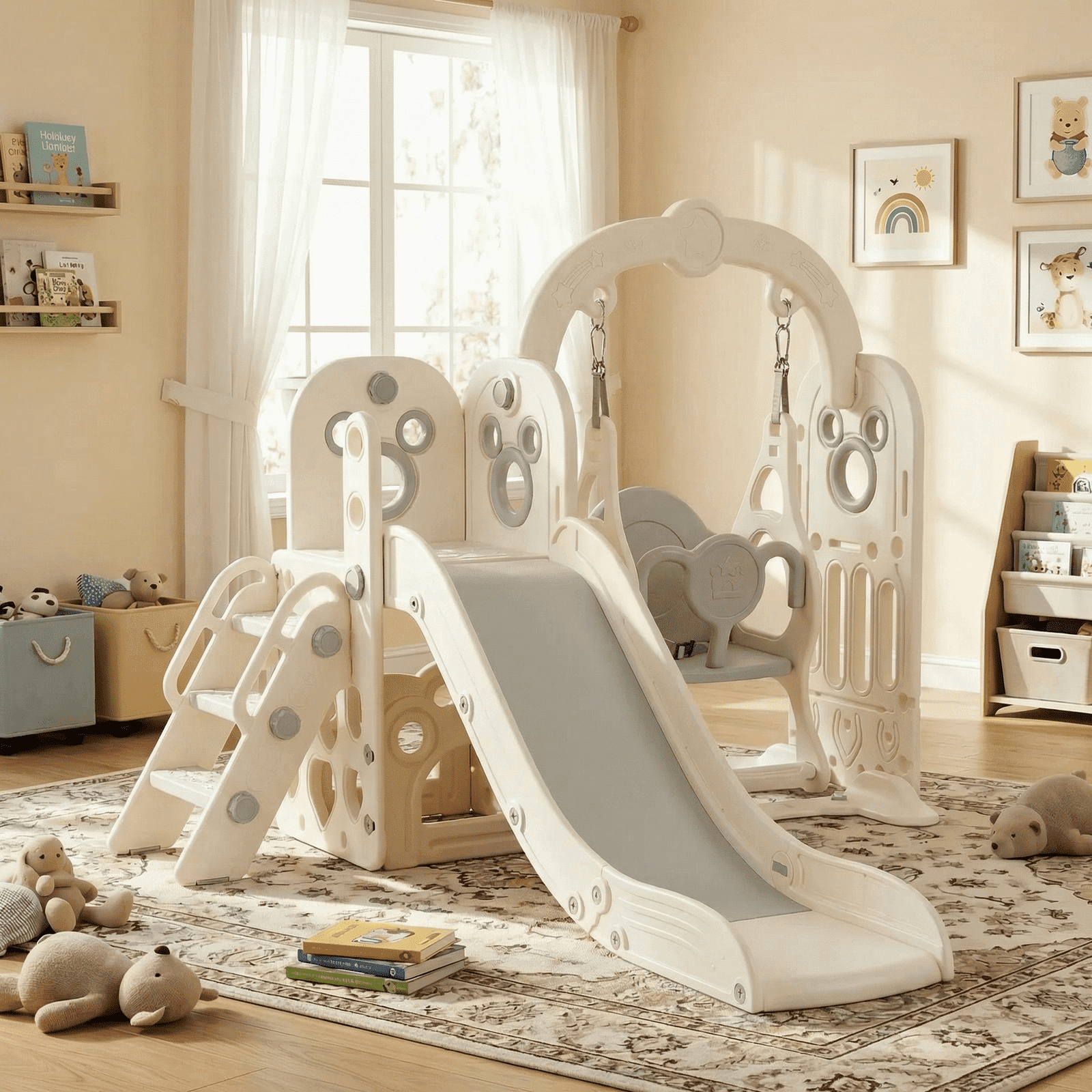 Pirecart 5 in 1 Toddler Slide and Swing Set, Large Toddler Slide Climber Playset Indoor Outdoor Kids Slide with Basketball Hoop, White