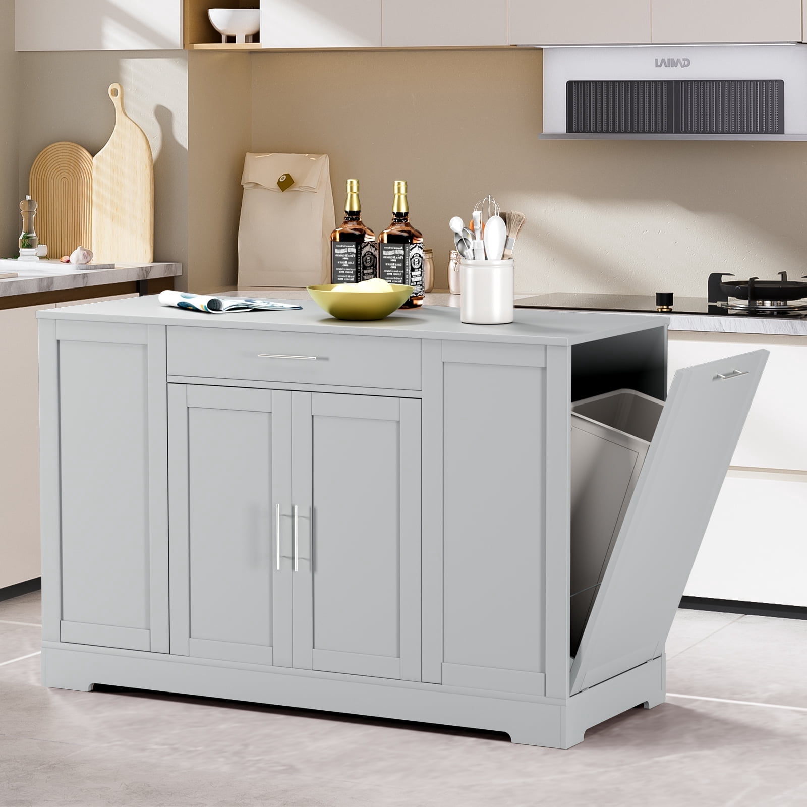 Pirecart 53" Kitchen Island with Trash Can Storage, Kitchen Island Storage with Drawer, Open Shelves, Gray