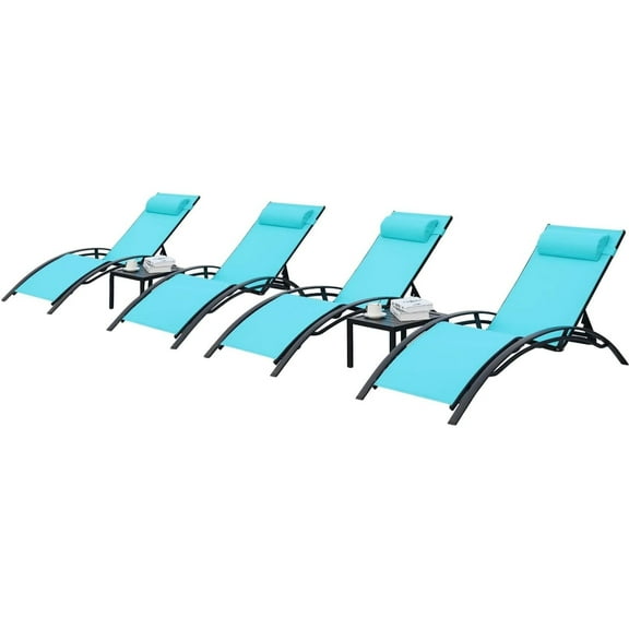 Pirecart 6 Pieces Adjustable Outdoor Patio Lounge Chair W/ 4 Lounger & 2 Table, Blue