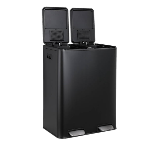 Pirecart 60L Dual Compartment Trash Can Soft-Close Lid Step Garbage Can W/ Soft-Close Lid, Black
