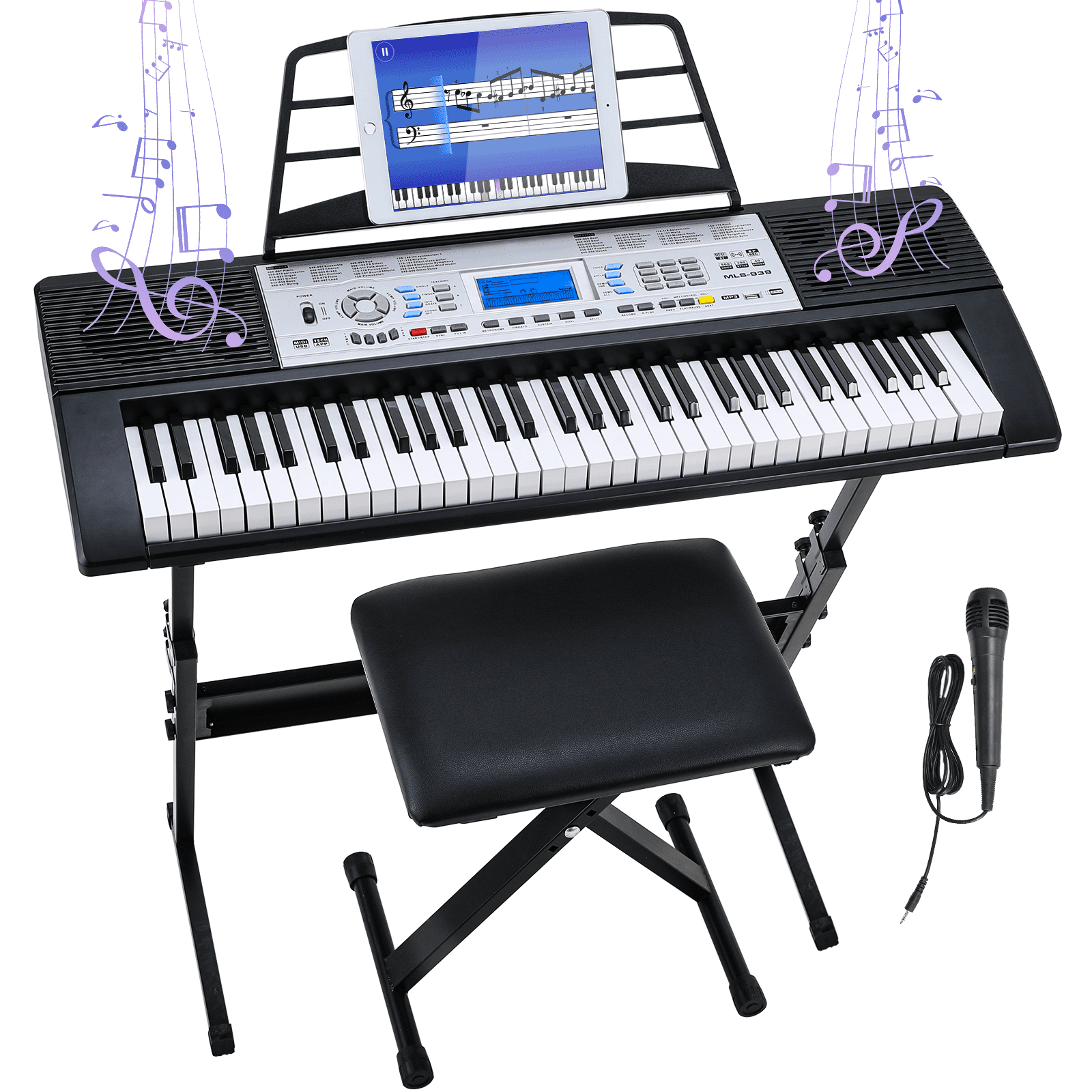 Pirecart 61 Key Keyboard Piano for Beginners with x-Stand, Stool, Microphone, Dual Power