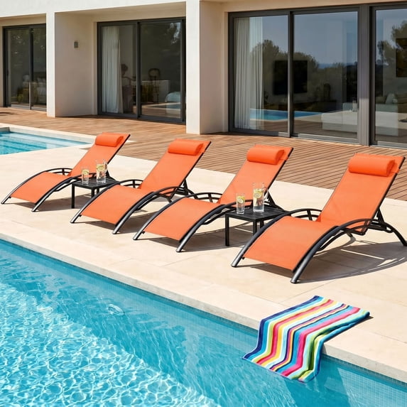Pirecart 6PCS Patio Chaise Lounge Set Adjustable Sunbathing Tanning Poolside Lounger Chairs, Orange