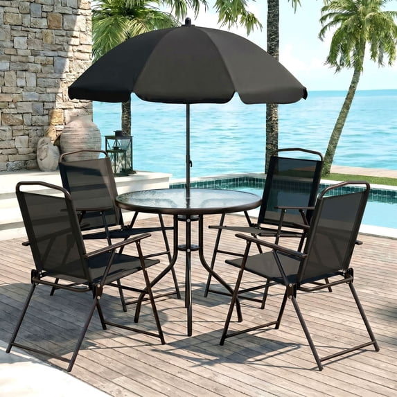 Pirecart 6Pcs Outdoor Dining Set, Patio Dining Set with 65″ Umbrella, Outdoor Table and Chairs with 31.5″ Round Glass Table, 4 Folding Textilene Chairs, Black