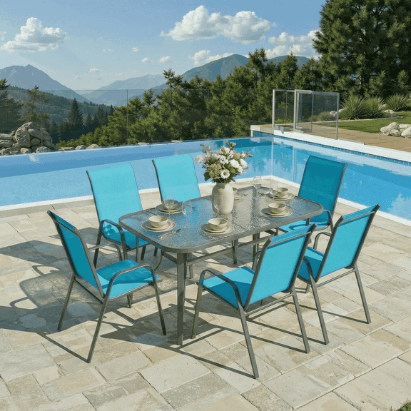 Pirecart 7 pcs Outdoor Furniture, Patio Table Chairs Set with Umbrella Hole, Widened Table and Stackable Textilene Chair for All Weather, Deck, Garden, Party, Sky blue